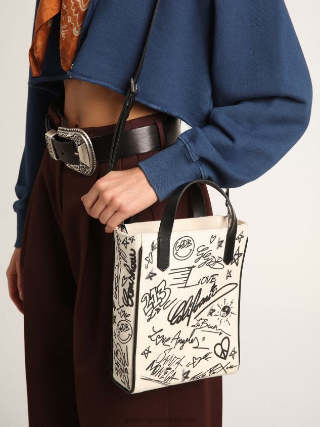 Mini California Bag in white cotton with contrasting black print FN20N454 Women Golden Goose