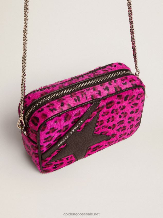 Mini Star Bag in fuchsia leopard-print pony skin with black leather star FN20N495 Women Golden Goose