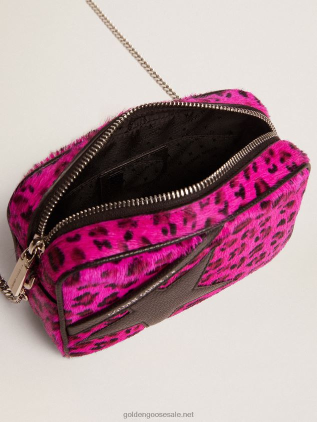 Mini Star Bag in fuchsia leopard-print pony skin with black leather star FN20N495 Women Golden Goose