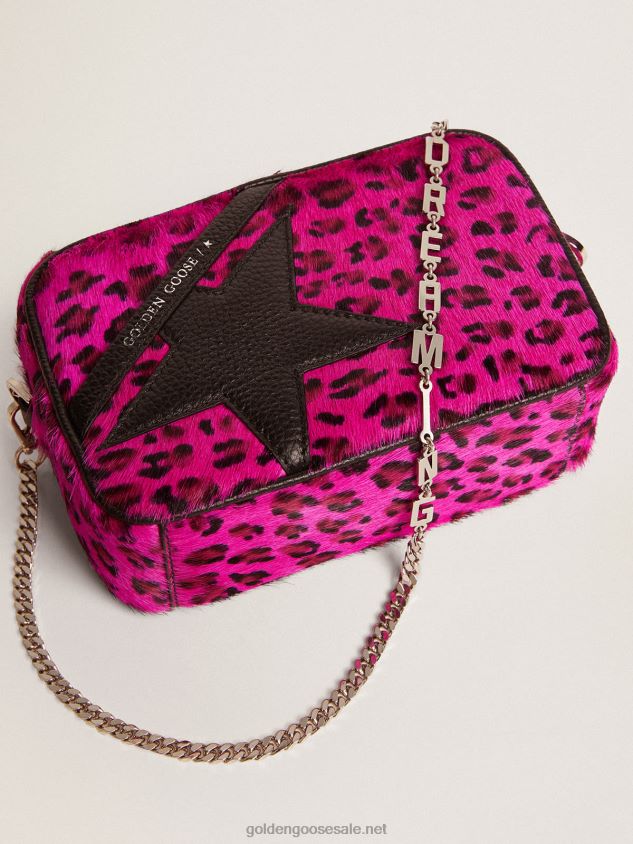 Mini Star Bag in fuchsia leopard-print pony skin with black leather star FN20N495 Women Golden Goose