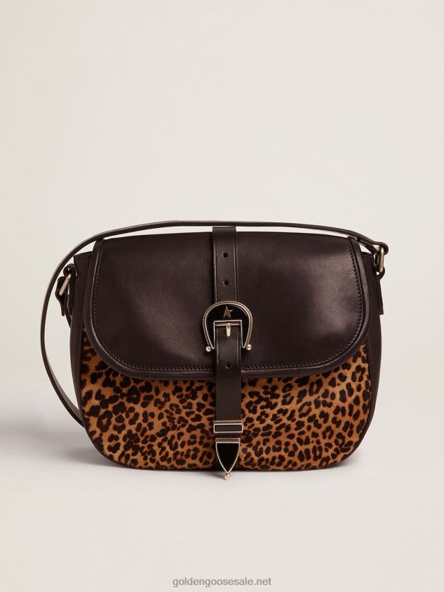 Medium Rodeo Bag in black leather and leopard-print pony skin FN20N476 Women Golden Goose