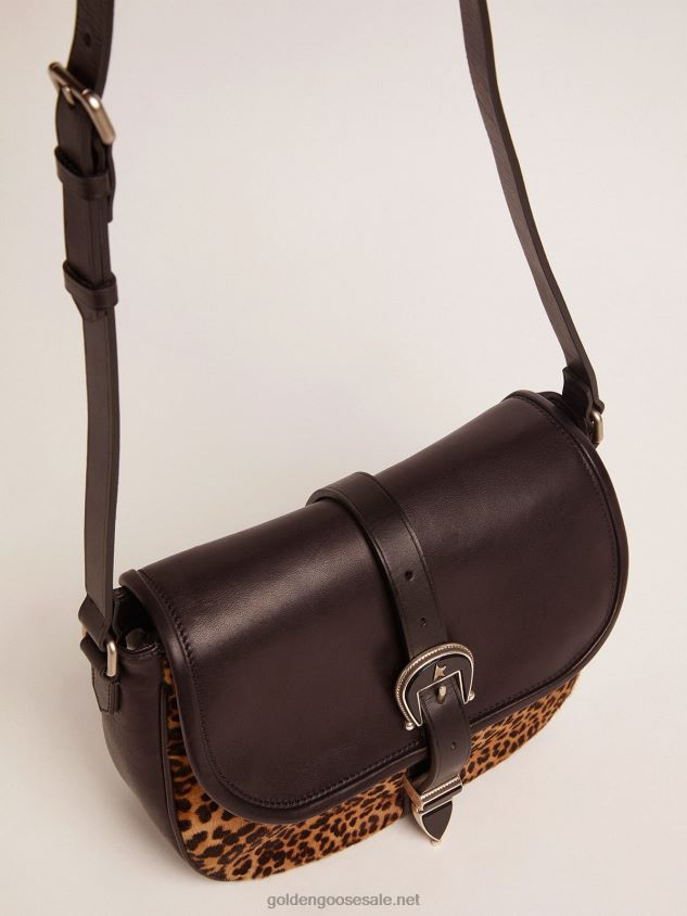 Medium Rodeo Bag in black leather and leopard-print pony skin FN20N476 Women Golden Goose