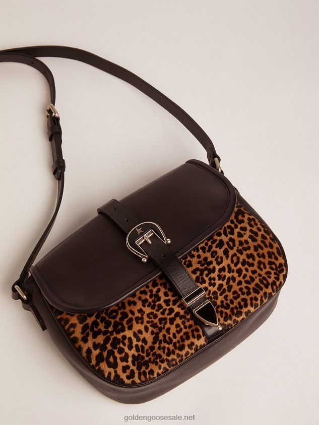 Medium Rodeo Bag in black leather and leopard-print pony skin FN20N476 Women Golden Goose