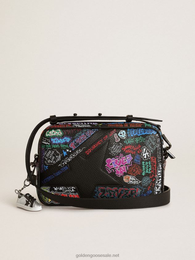 Star Bag in black hammered leather with black leather star and all-over multicolored print FN20N448 Women Golden Goose