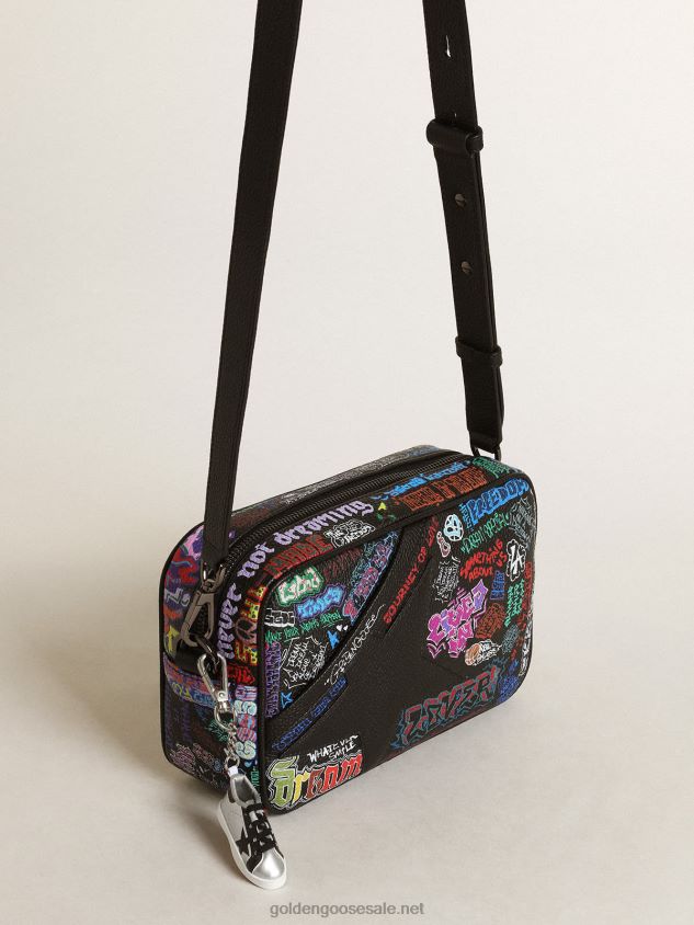 Star Bag in black hammered leather with black leather star and all-over multicolored print FN20N448 Women Golden Goose