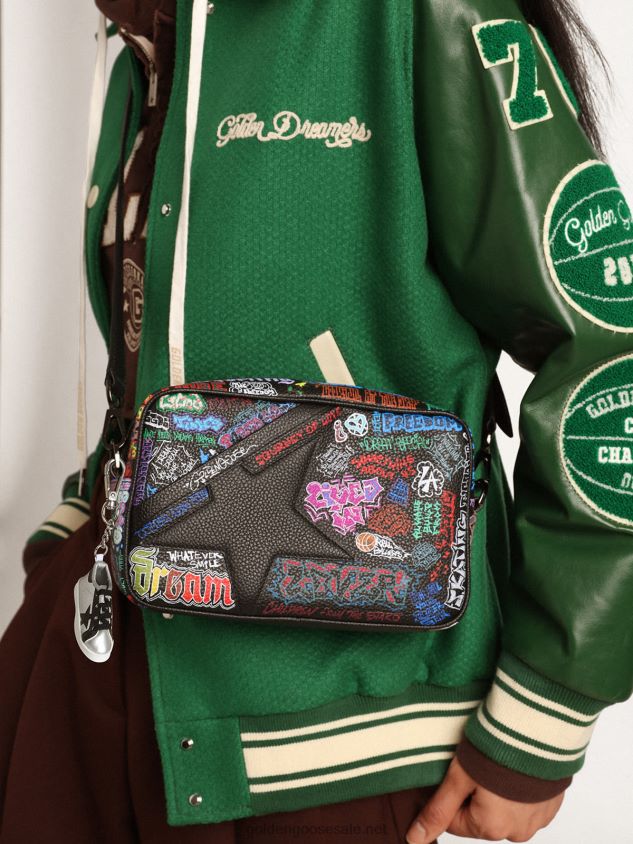 Star Bag in black hammered leather with black leather star and all-over multicolored print FN20N448 Women Golden Goose