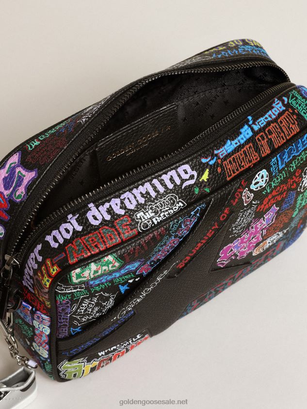 Star Bag in black hammered leather with black leather star and all-over multicolored print FN20N448 Women Golden Goose