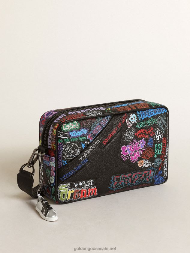 Star Bag in black hammered leather with black leather star and all-over multicolored print FN20N448 Women Golden Goose