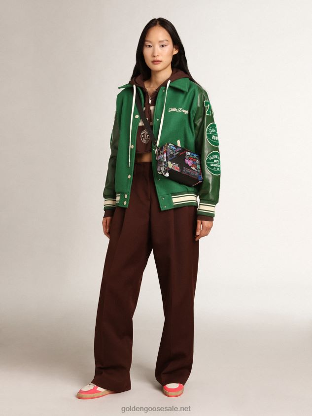Star Bag in black hammered leather with black leather star and all-over multicolored print FN20N448 Women Golden Goose