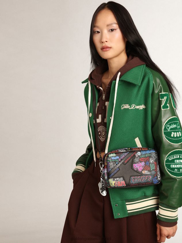 Star Bag in black hammered leather with black leather star and all-over multicolored print FN20N448 Women Golden Goose
