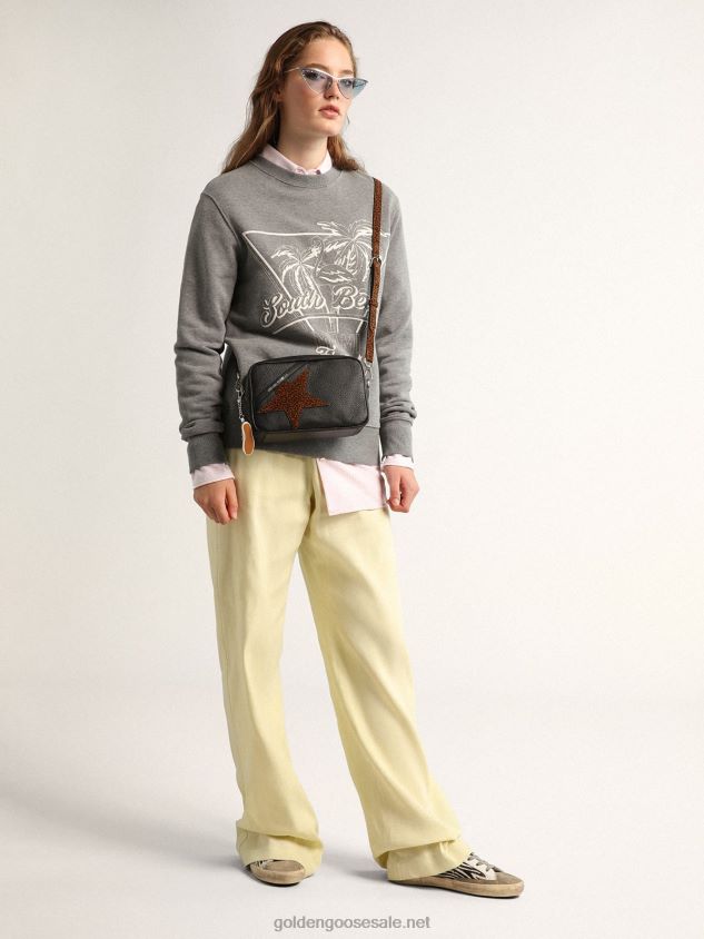 Star Bag in dark brown leather with leopard-print suede star FN20N471 Women Golden Goose