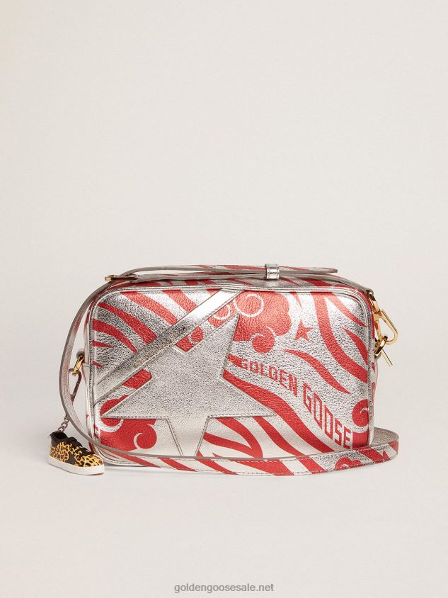 Star Bag in silver-colored laminated leather with tone-on-tone star and red tiger-striped CNY print FN20N460 Women Golden Goose