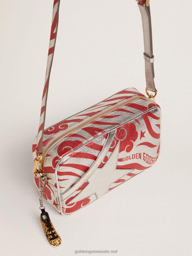 Star Bag in silver-colored laminated leather with tone-on-tone star and red tiger-striped CNY print FN20N460 Women Golden Goose