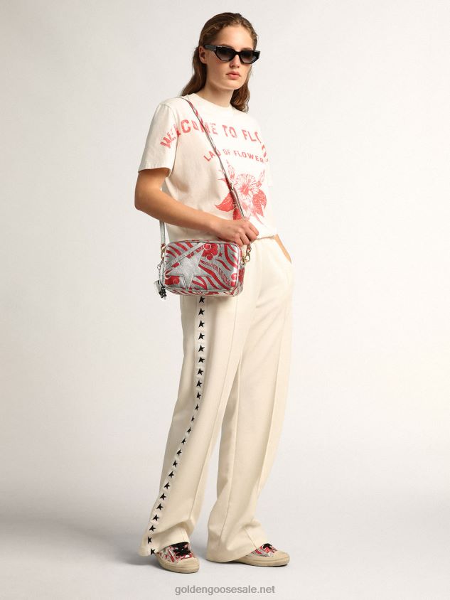 Star Bag in silver-colored laminated leather with tone-on-tone star and red tiger-striped CNY print FN20N460 Women Golden Goose