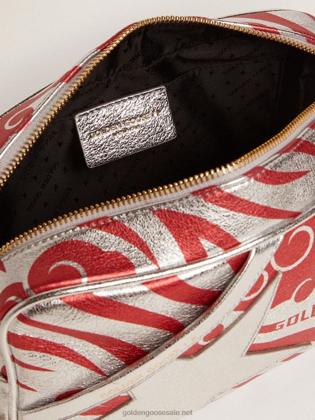 Star Bag in silver-colored laminated leather with tone-on-tone star and red tiger-striped CNY print FN20N460 Women Golden Goose