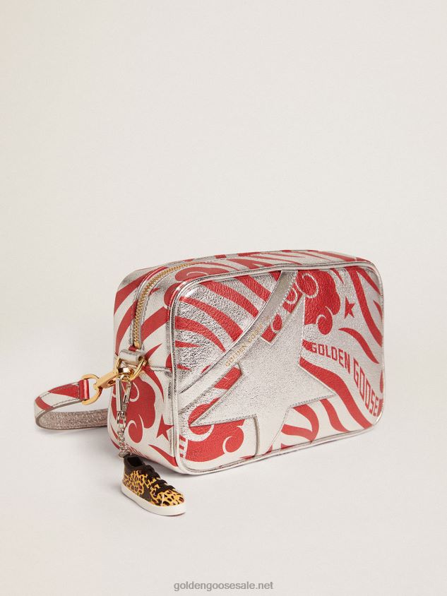 Star Bag in silver-colored laminated leather with tone-on-tone star and red tiger-striped CNY print FN20N460 Women Golden Goose