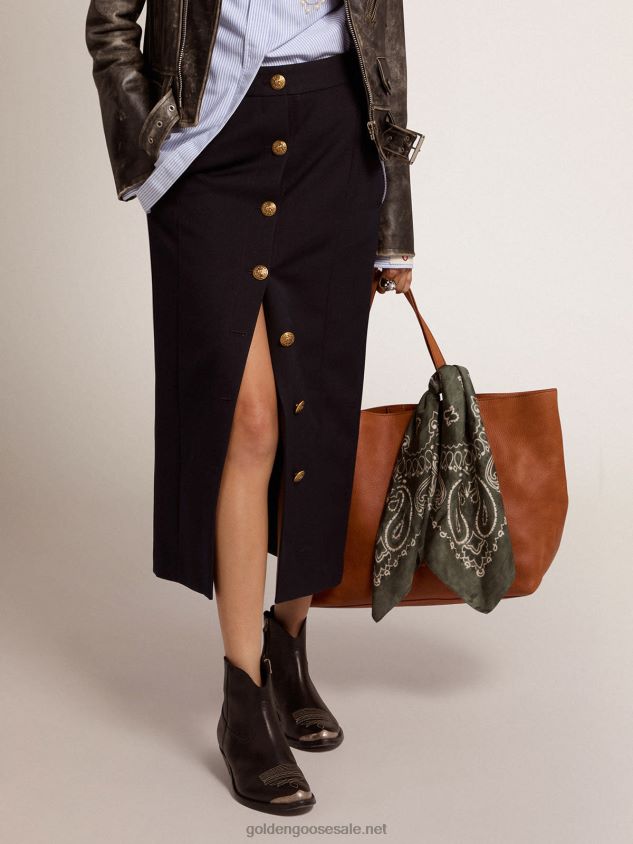 Pencil skirt in dark blue wool with gold-colored heraldic buttons FN20N1012 Women Golden Goose