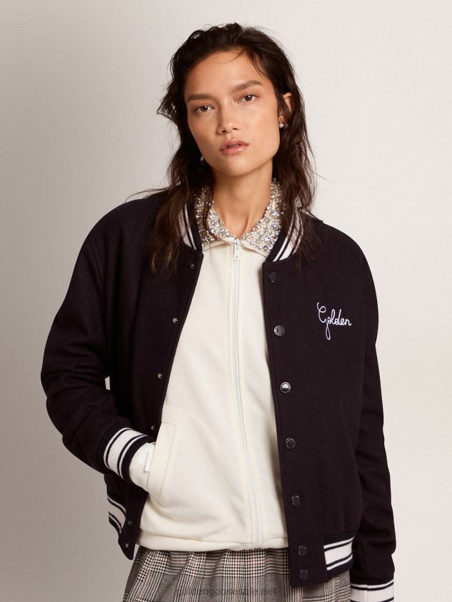 Bomber jacket in dark blue wool with contrasting white details FN20N1028 Women Golden Goose