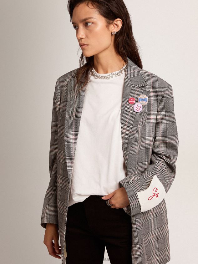 Collection single-breasted blazer in gray and white Prince of Wales check FN20N1036 Women Golden Goose