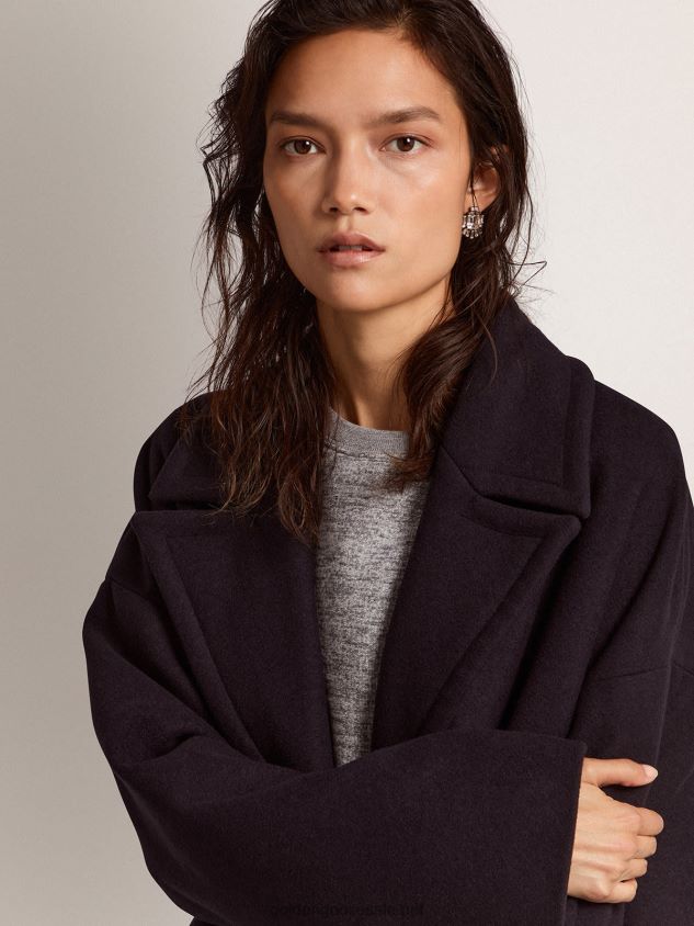 Single-breasted cocoon coat in dark blue wool with gold-colored buttons FN20N1033 Women Golden Goose