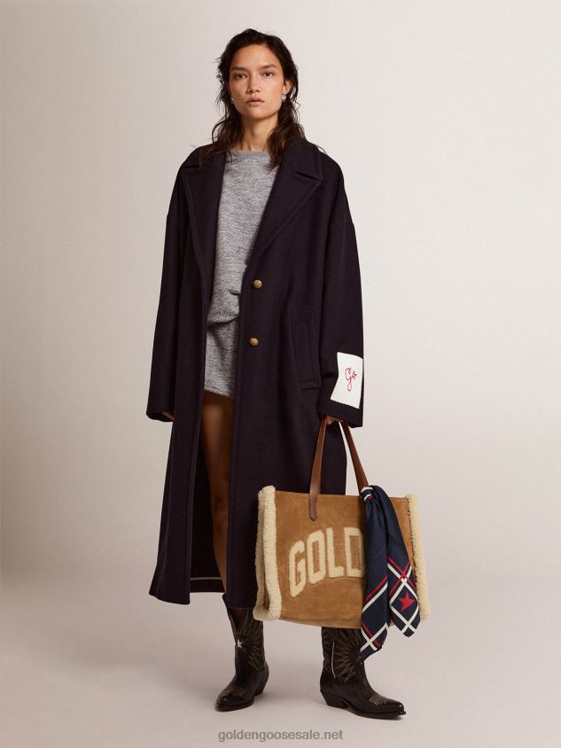 Single-breasted cocoon coat in dark blue wool with gold-colored buttons FN20N1033 Women Golden Goose