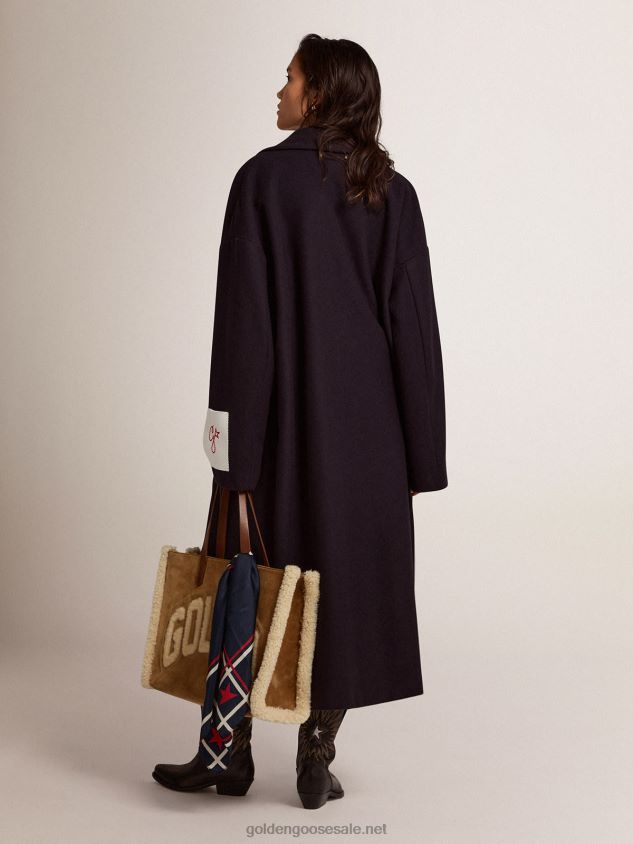 Single-breasted cocoon coat in dark blue wool with gold-colored buttons FN20N1033 Women Golden Goose