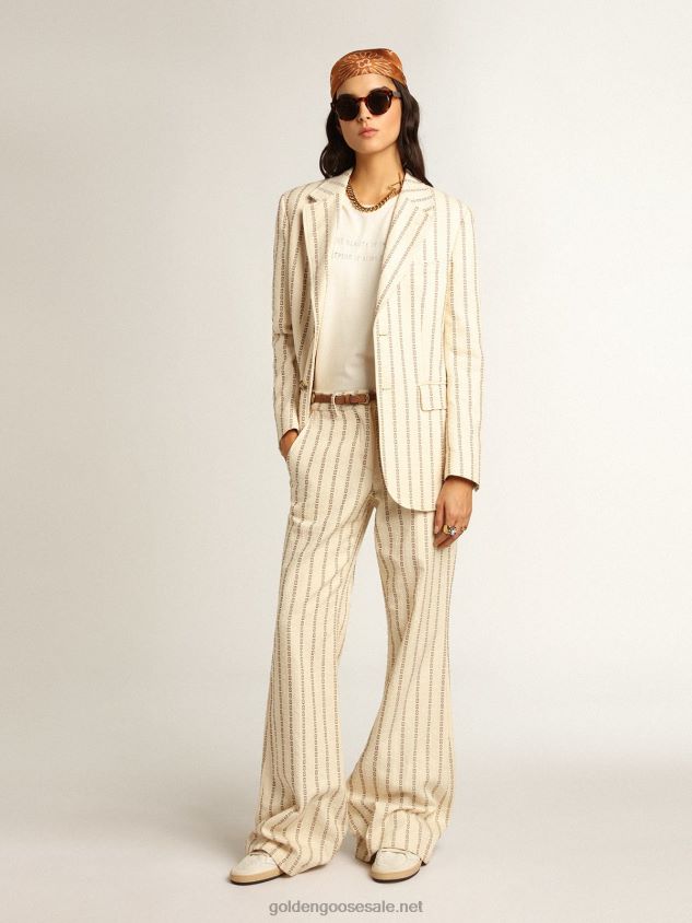 Single-breasted cream cotton blazer with jacquard motif FN20N1049 Women Golden Goose