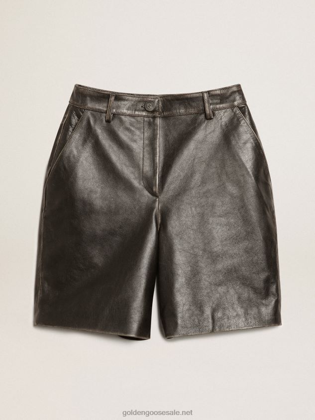 Black leather Bermuda shorts with lived-in effect FN20N965 Women Golden Goose