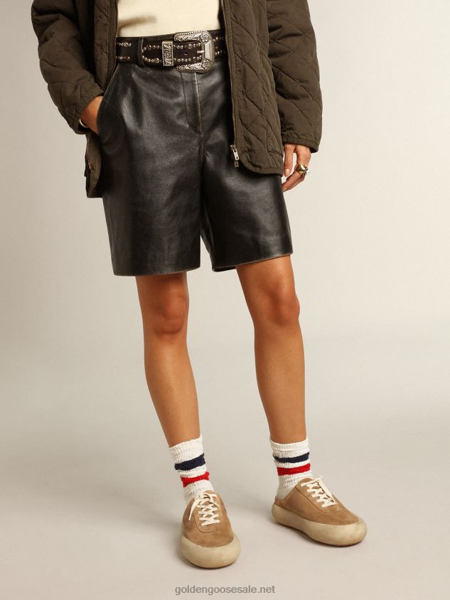 Black leather Bermuda shorts with lived-in effect FN20N965 Women Golden Goose