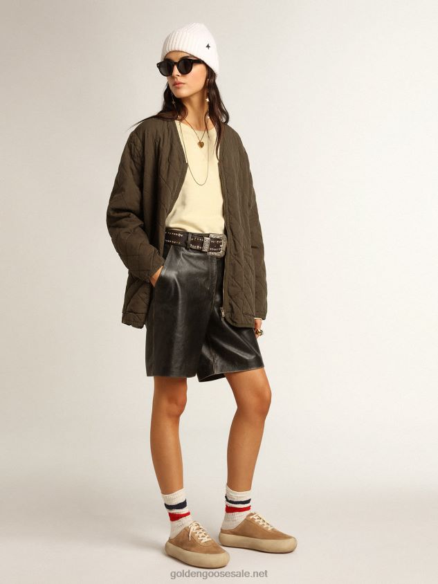 Black leather Bermuda shorts with lived-in effect FN20N965 Women Golden Goose