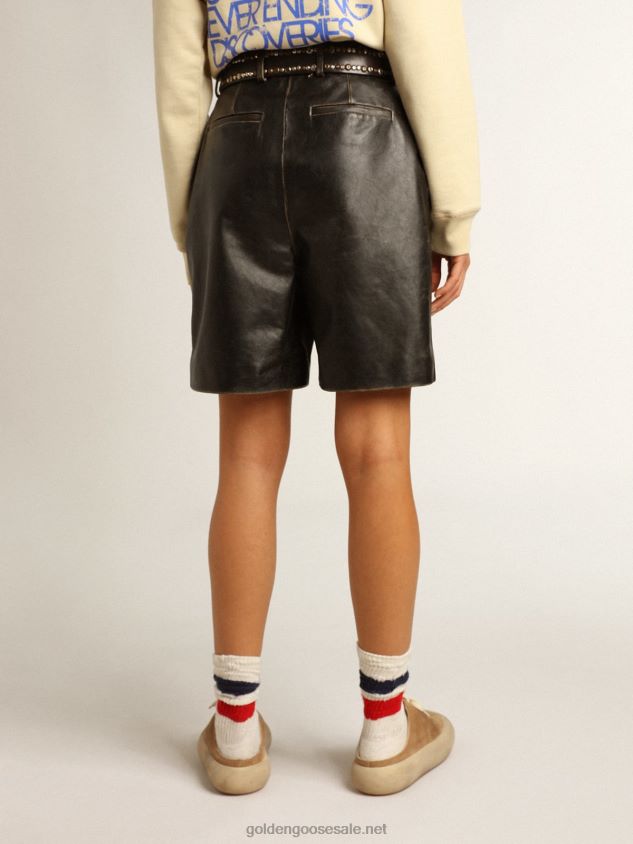 Black leather Bermuda shorts with lived-in effect FN20N965 Women Golden Goose