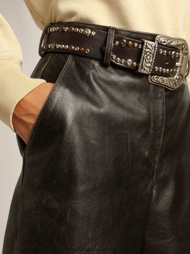 Black leather Bermuda shorts with lived-in effect FN20N965 Women Golden Goose
