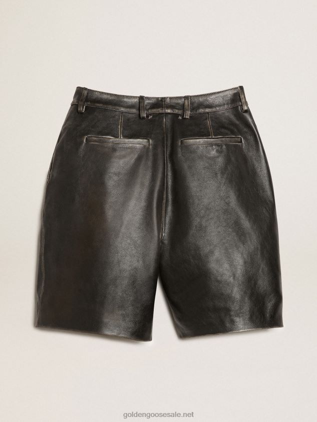 Black leather Bermuda shorts with lived-in effect FN20N965 Women Golden Goose