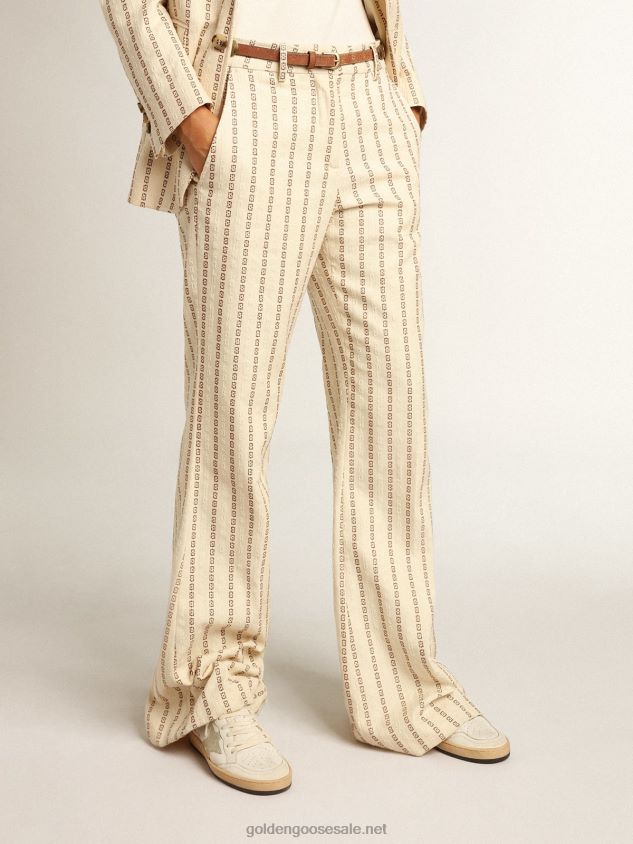 Cream-colored cotton pants with jacquard motif FN20N1048 Women Golden Goose