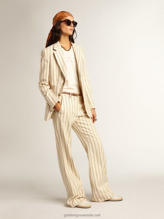 Cream-colored cotton pants with jacquard motif FN20N1048 Women Golden Goose