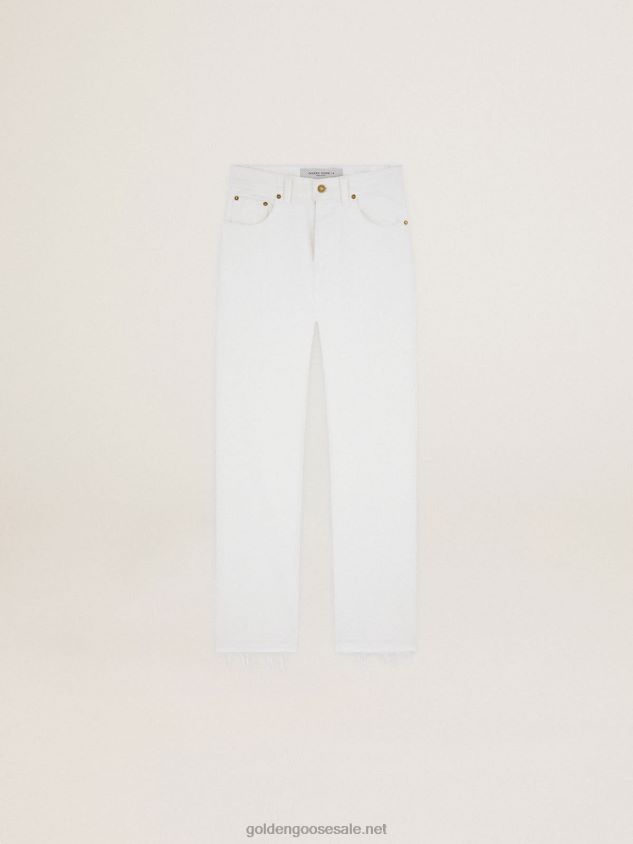 Cropped Journey Collection pants in white bull denim with worn-out effect hem FN20N1013 Women Golden Goose