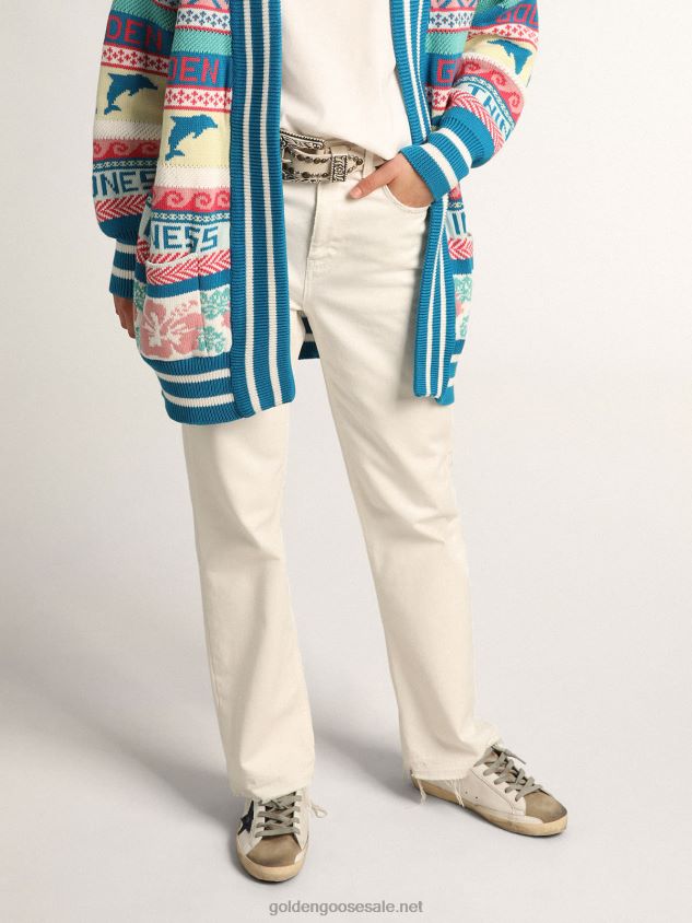 Cropped Journey Collection pants in white bull denim with worn-out effect hem FN20N1013 Women Golden Goose