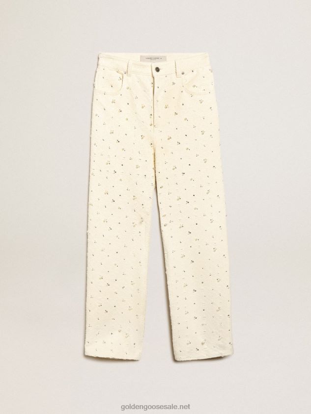 Journey Collection Kim jeans in off-white cotton with diamond patterns and the addition of beads and crystals FN20N948 Women Golden Goose