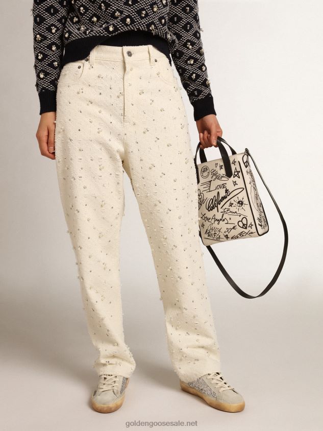 Journey Collection Kim jeans in off-white cotton with diamond patterns and the addition of beads and crystals FN20N948 Women Golden Goose