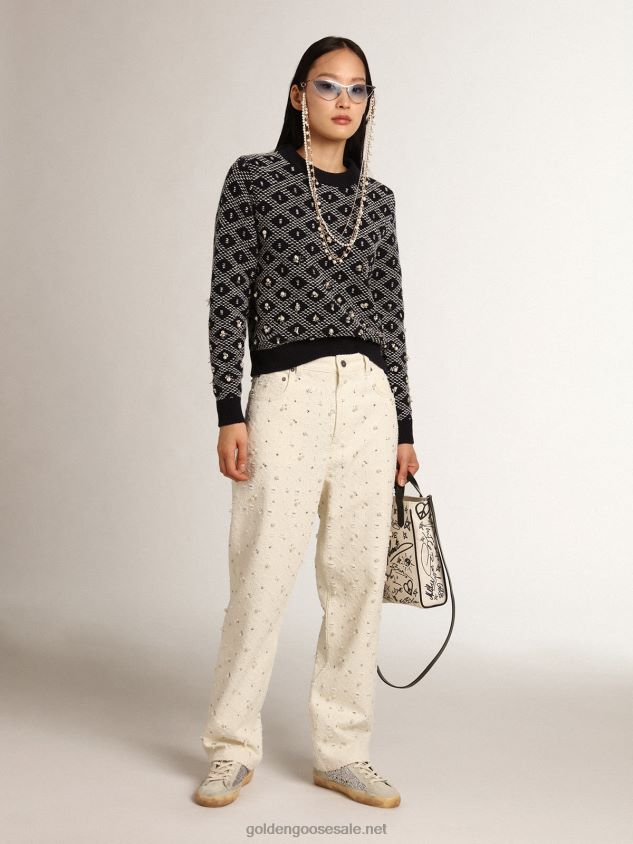 Journey Collection Kim jeans in off-white cotton with diamond patterns and the addition of beads and crystals FN20N948 Women Golden Goose