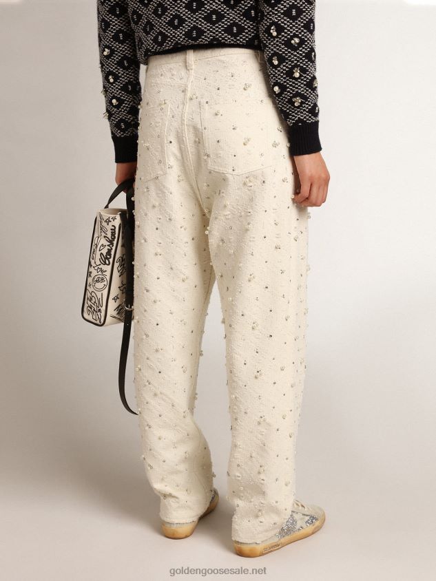 Journey Collection Kim jeans in off-white cotton with diamond patterns and the addition of beads and crystals FN20N948 Women Golden Goose