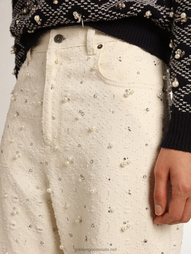 Journey Collection Kim jeans in off-white cotton with diamond patterns and the addition of beads and crystals FN20N948 Women Golden Goose