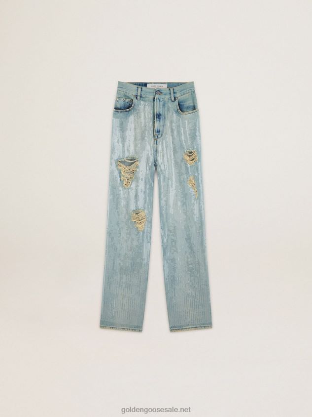 Journey Collection jeans in distressed-effect light blue denim with all-over sequins FN20N1017 Women Golden Goose