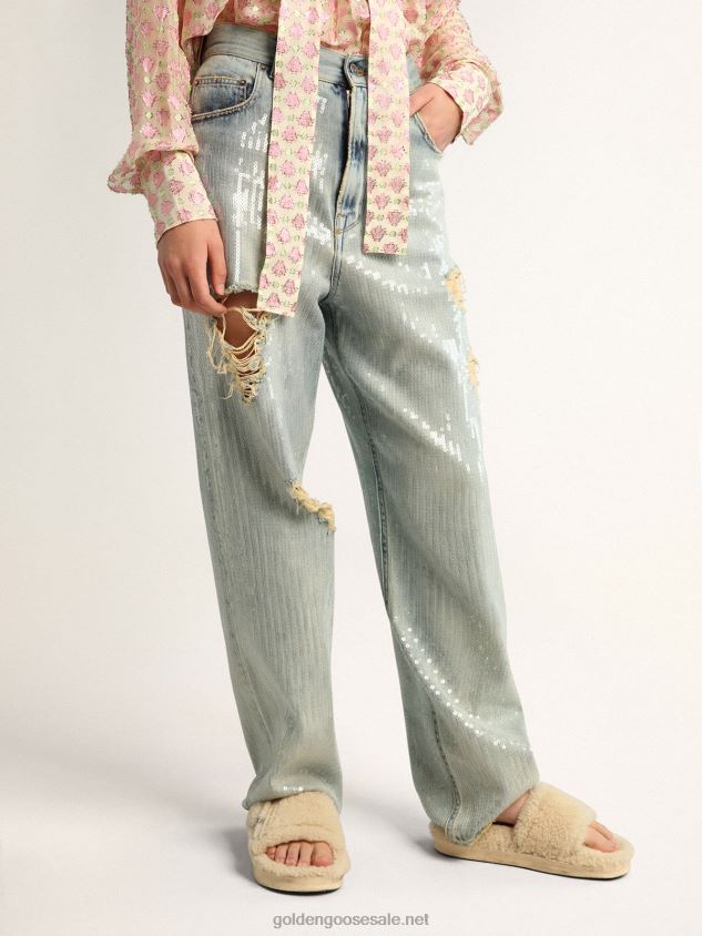 Journey Collection jeans in distressed-effect light blue denim with all-over sequins FN20N1017 Women Golden Goose