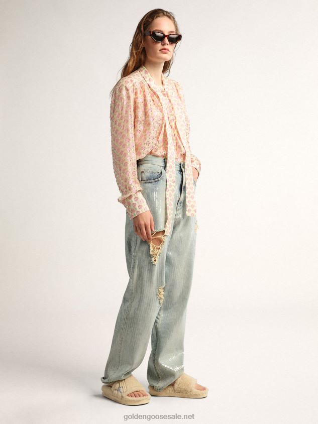 Journey Collection jeans in distressed-effect light blue denim with all-over sequins FN20N1017 Women Golden Goose