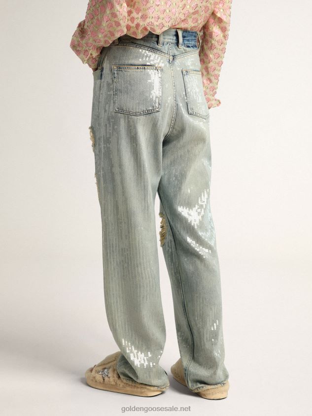 Journey Collection jeans in distressed-effect light blue denim with all-over sequins FN20N1017 Women Golden Goose