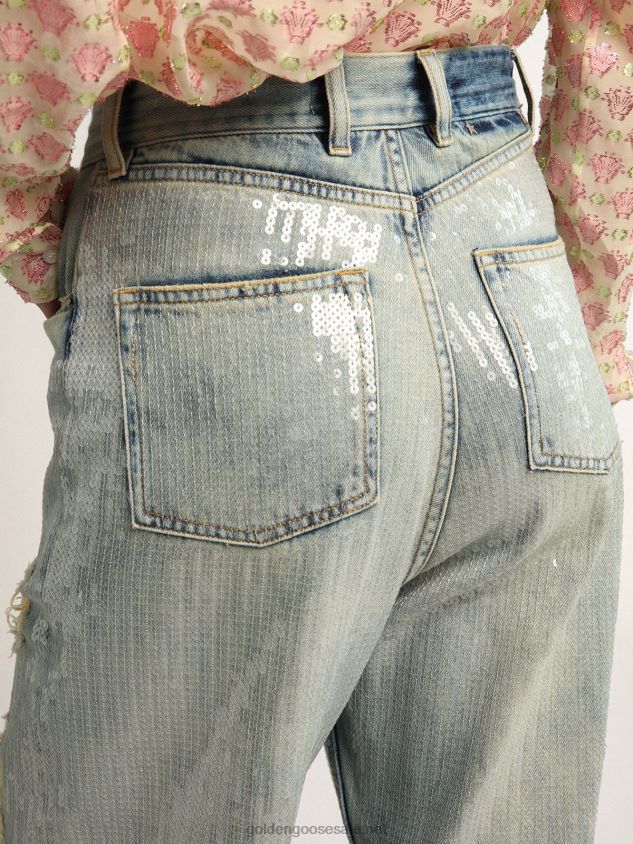 Journey Collection jeans in distressed-effect light blue denim with all-over sequins FN20N1017 Women Golden Goose