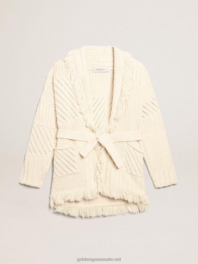 Belted cardigan in papyrus-colored cotton FN20N959 Women Golden Goose