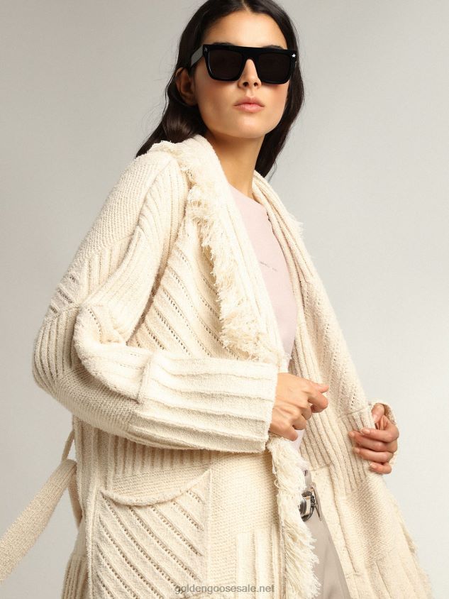 Belted cardigan in papyrus-colored cotton FN20N959 Women Golden Goose