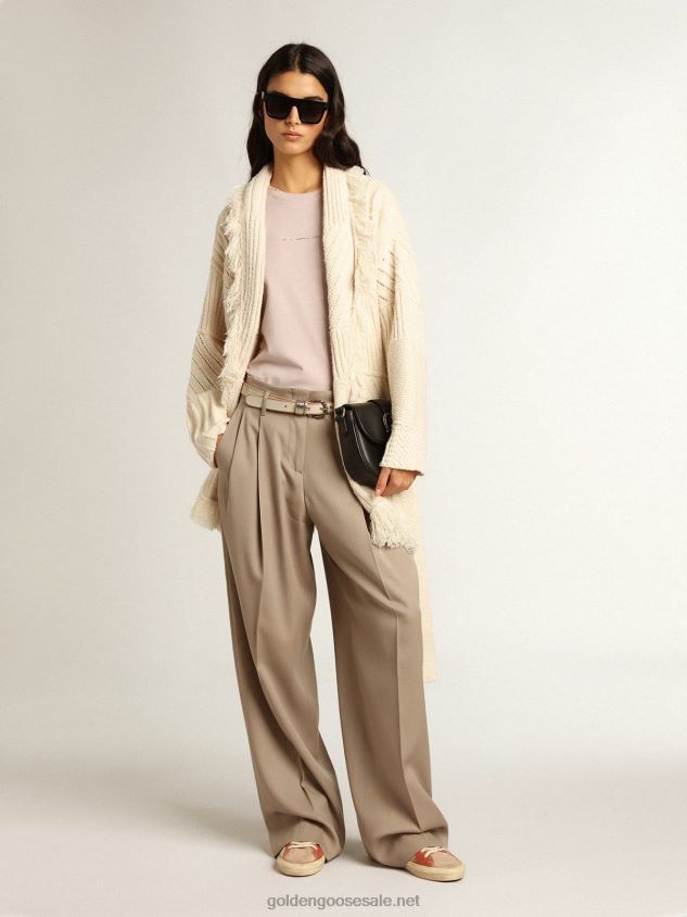 Belted cardigan in papyrus-colored cotton FN20N959 Women Golden Goose